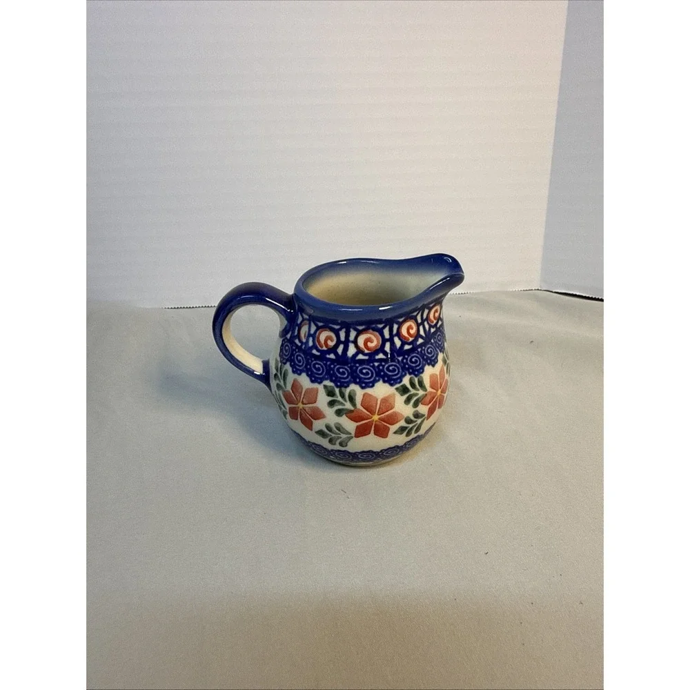 ANDAF Polish Pottery UNIKAT Creamer Pitcher Orange Floral Geometric Mosaic